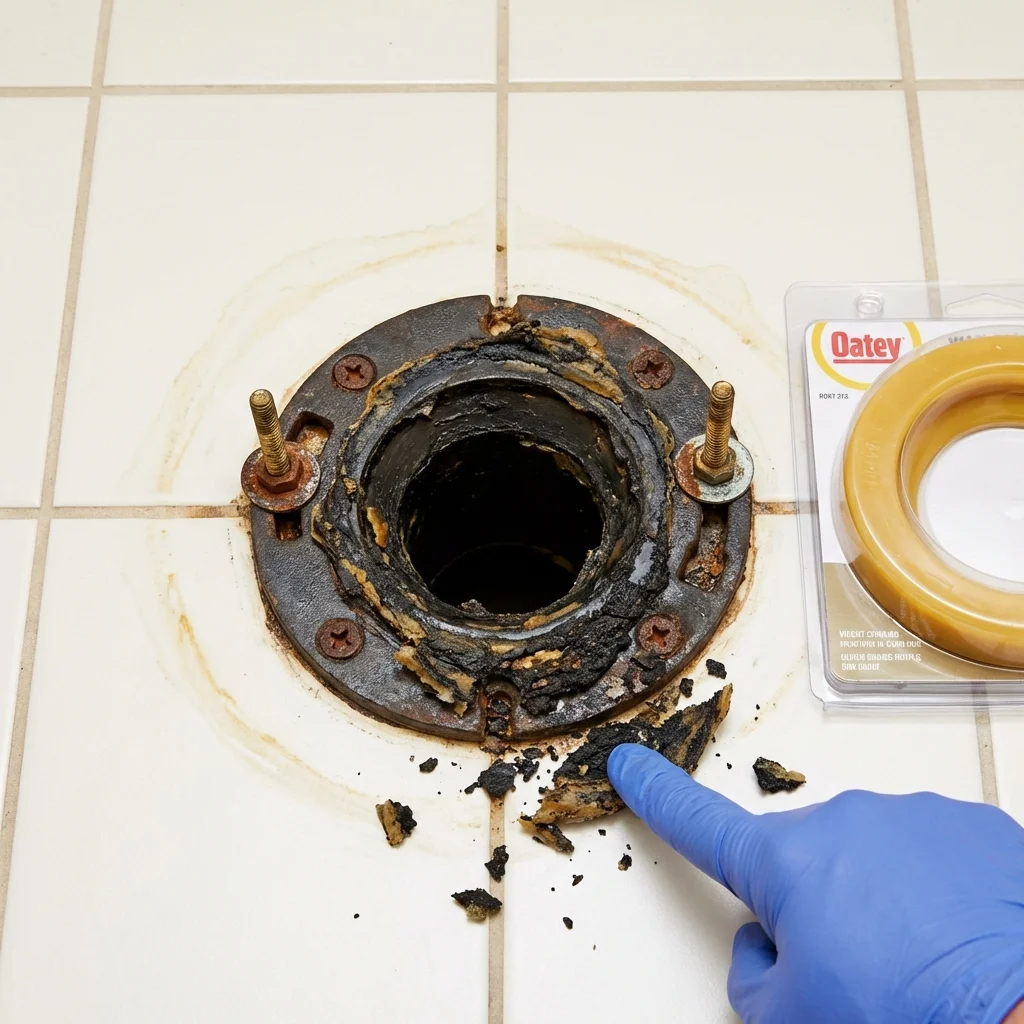 Failed wax ring showing water seepage at the base of a toilet in a Jefferson, NC home
